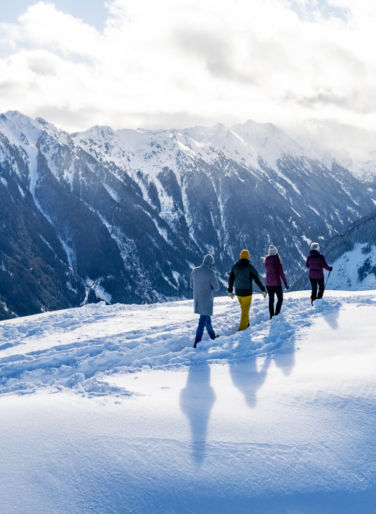 Four people hike through fresh powder snow with views of snowy peaks and a wintry alpine landscape. | © Winterwanderbilder (c) Gerald Oberreiter